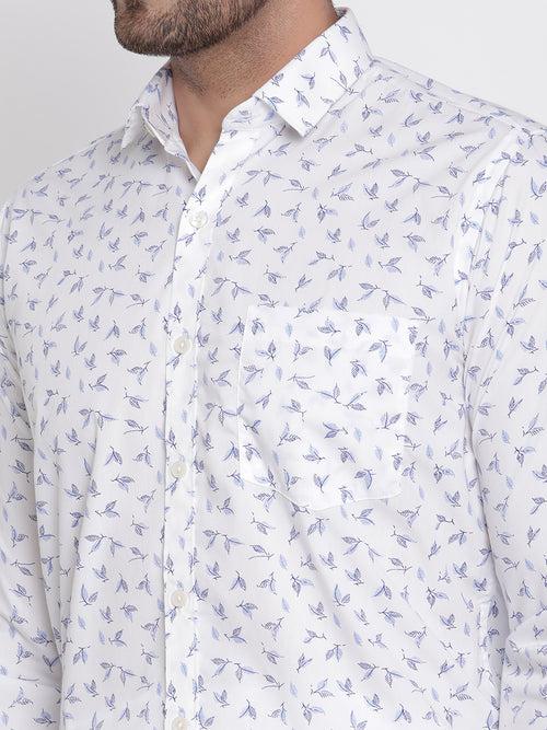 White with Blue Printed Men Formal Shirt