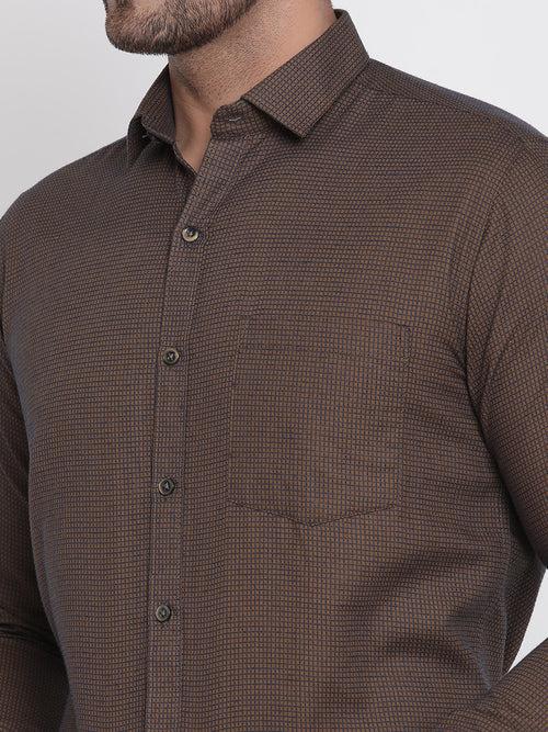 Men Brown Dobby Checked Formal Shirt