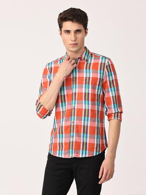 Crosscreek Men Multicolor Slim Fit Checked Linen Casual Shirt