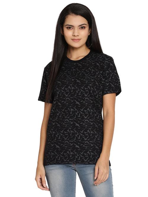 Wolfpack Birds Camo Black Printed Women T-Shirt