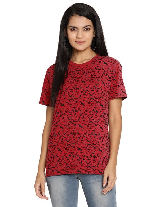 Wolfpack Birds Camo Red Printed Women T-Shirt