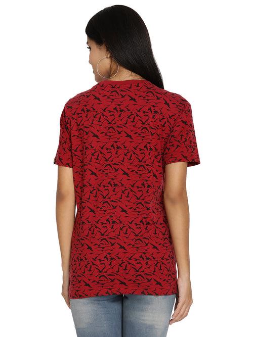 Wolfpack Birds Camo Red Printed Women T-Shirt