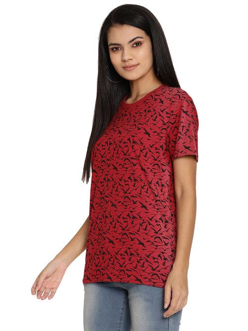 Wolfpack Birds Camo Red Printed Women T-Shirt