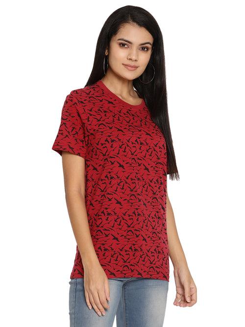 Wolfpack Birds Camo Red Printed Women T-Shirt