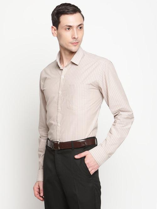 Copperline Men Beige Stripes Formal Shirt