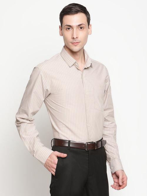 Copperline Men Beige Stripes Formal Shirt