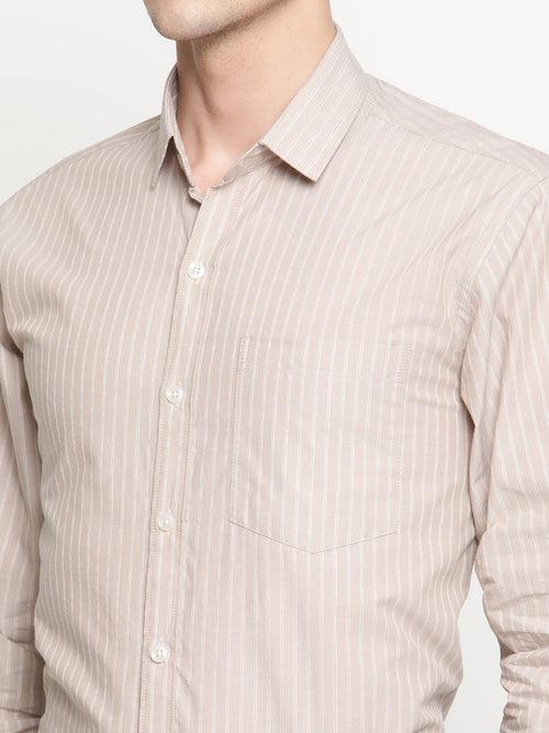 Copperline Men Beige Stripes Formal Shirt