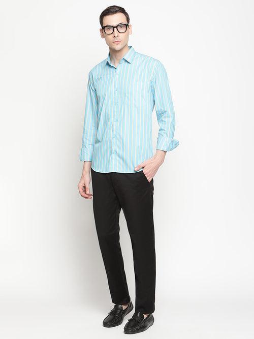 Copperline Men Blue Stripes Semi Formal Shirt