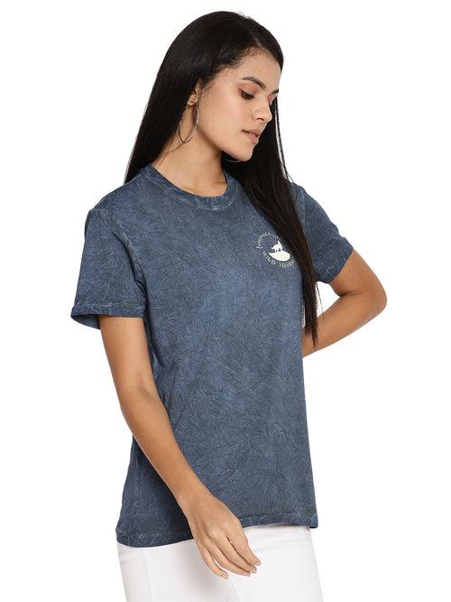 Wolfpack Crinkle Wash Blue Printed Women T-Shirt