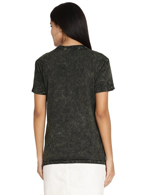 Wolfpack Crinkle Wash Leaf Green Printed Women T-Shirt