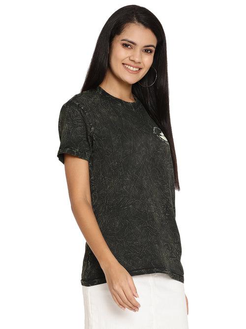 Wolfpack Crinkle Wash Leaf Green Printed Women T-Shirt