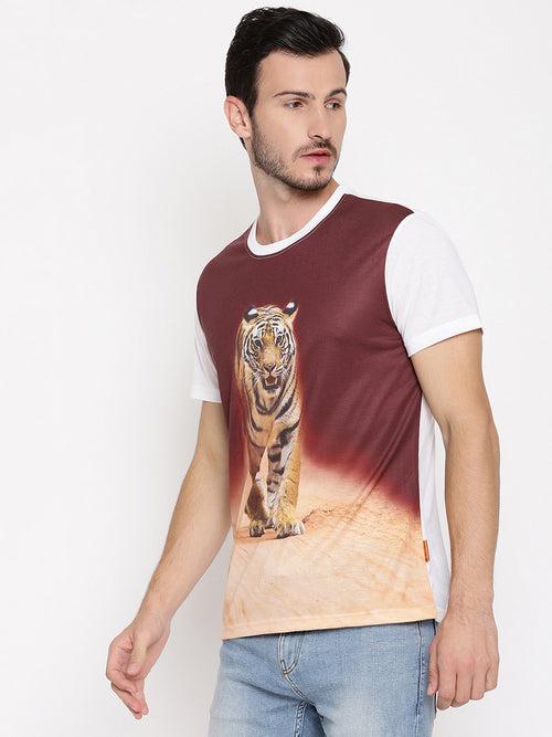 Tiger Head On Poly Brown with White Printed Men T-Shirt