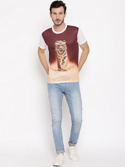 Tiger Head On Poly Brown with White Printed Men T-Shirt