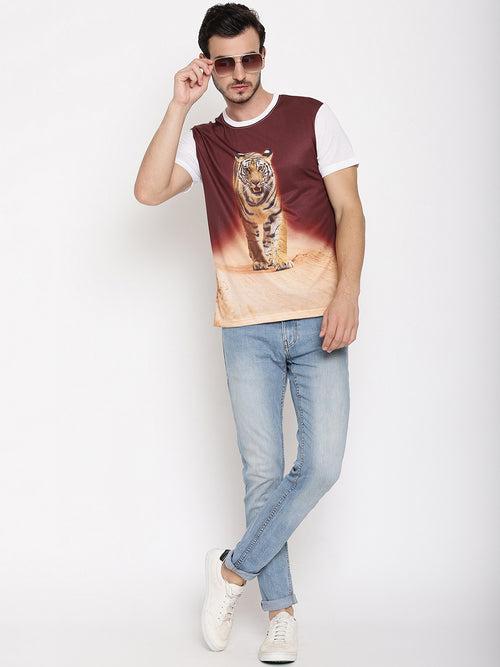 Tiger Head On Poly Brown with White Printed Men T-Shirt