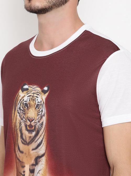 Tiger Head On Poly Brown with White Printed Men T-Shirt