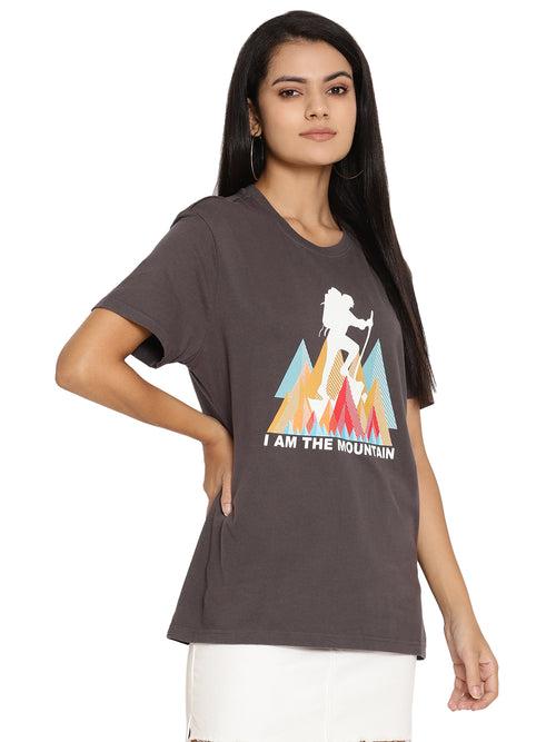 Wolfpack I Am Mountain Dark Grey Printed Women T-Shirt