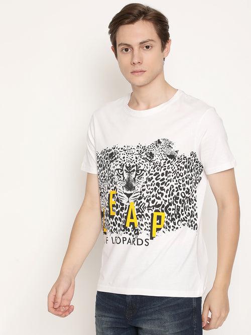 Leap Of Leopards White Printed Men T-Shirt