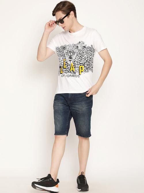 Leap Of Leopards White Printed Men T-Shirt