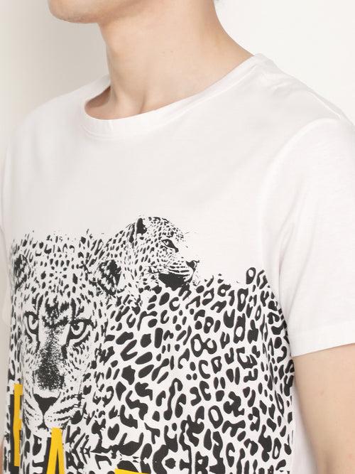 Leap Of Leopards White Printed Men T-Shirt