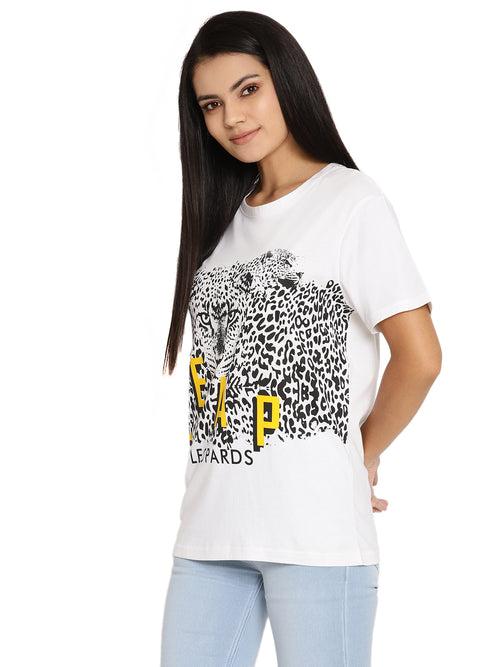 Wolfpack Leap Of Leopards White Printed Women T-Shirt