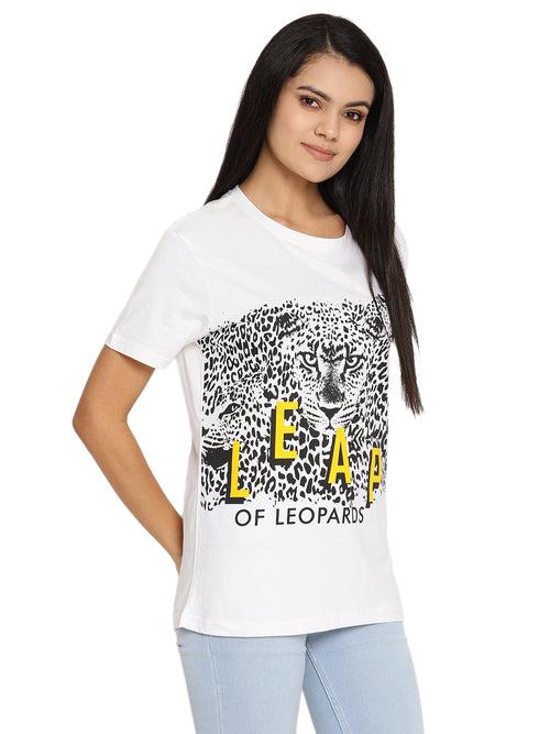 Wolfpack Leap Of Leopards White Printed Women T-Shirt