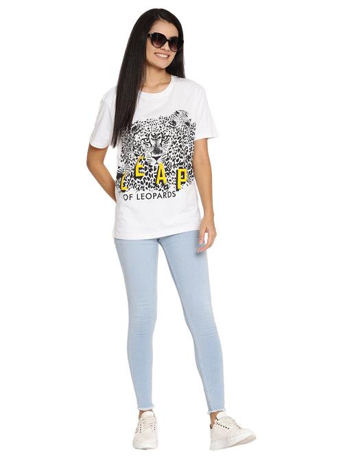 Wolfpack Leap Of Leopards White Printed Women T-Shirt