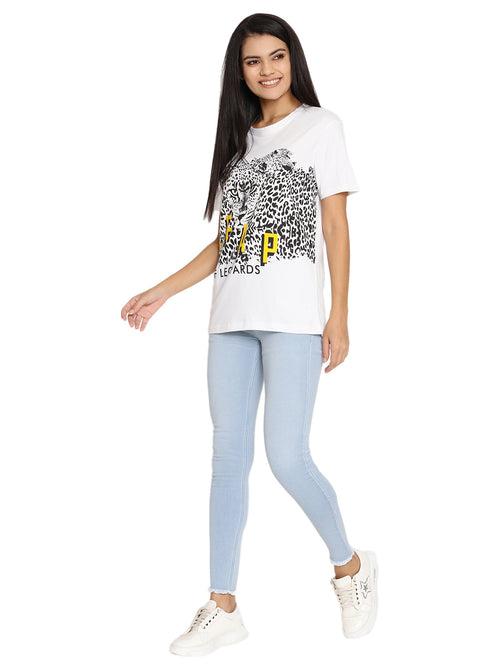 Wolfpack Leap Of Leopards White Printed Women T-Shirt