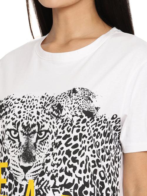 Wolfpack Leap Of Leopards White Printed Women T-Shirt