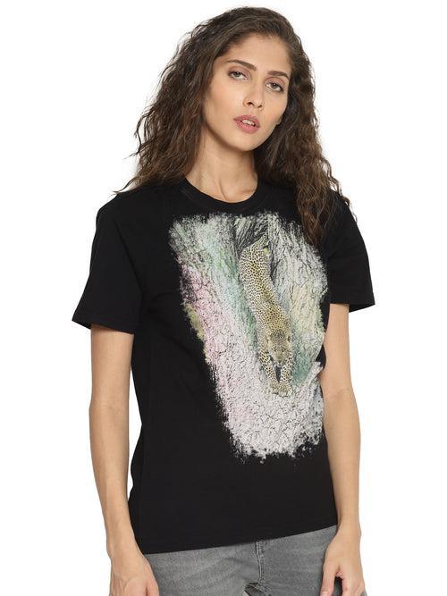 Wolfpack Leopard Down Black Printed Women T-Shirt