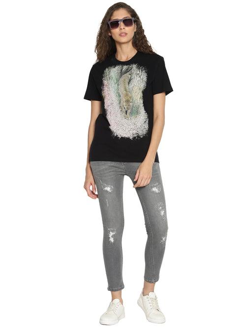 Wolfpack Leopard Down Black Printed Women T-Shirt