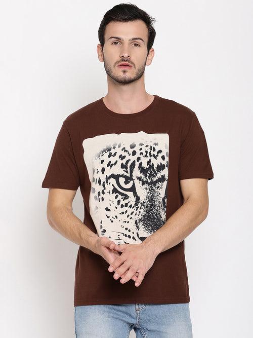 Leopard Eye Choco Brown Printed Men T-Shirt