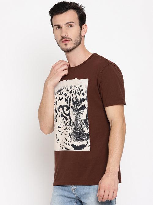 Leopard Eye Choco Brown Printed Men T-Shirt