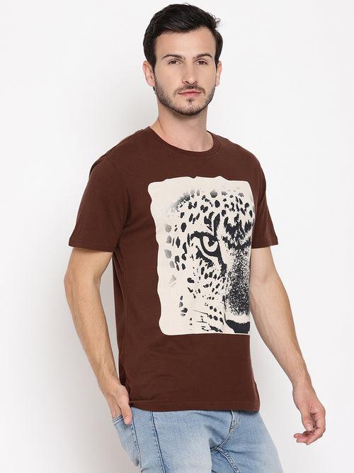 Leopard Eye Choco Brown Printed Men T-Shirt