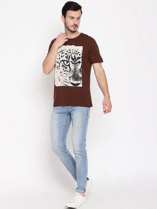 Leopard Eye Choco Brown Printed Men T-Shirt