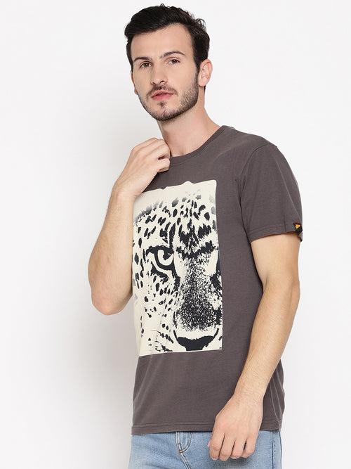 Leopard Eye Dark Grey Printed Men T-Shirt