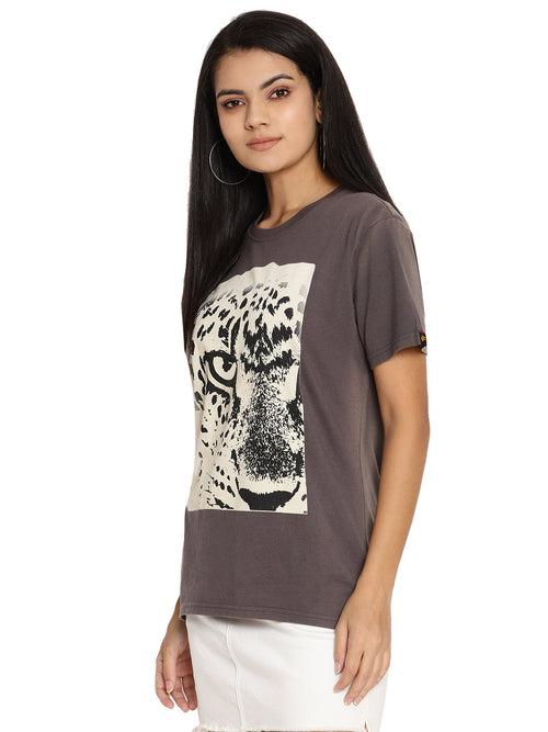 Wolfpack Leopard Eye Dark Grey Printed Women T Shirt