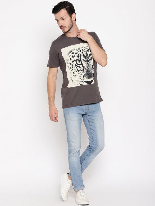 Leopard Eye Dark Grey Printed Men T-Shirt