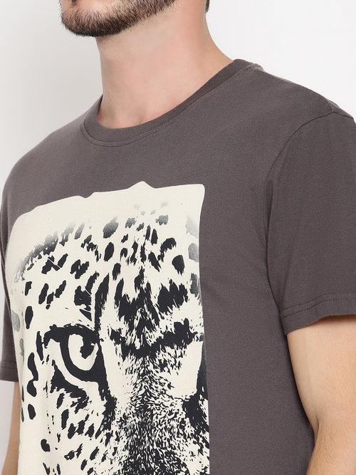 Leopard Eye Dark Grey Printed Men T-Shirt