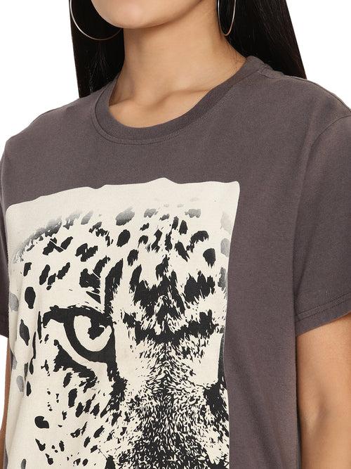 Wolfpack Leopard Eye Dark Grey Printed Women T Shirt