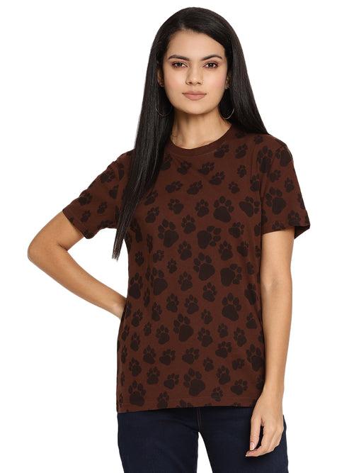 Wolfpack Pug Mark Choco Brown Printed Women T-Shirt