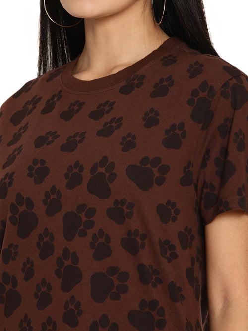 Wolfpack Pug Mark Choco Brown Printed Women T-Shirt