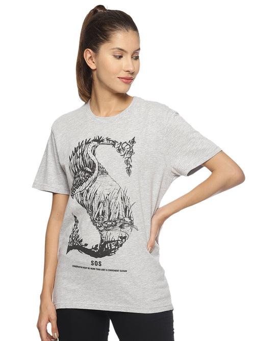 Wolfpack SOS S Heron Grey Melange Printed Women T-Shirt