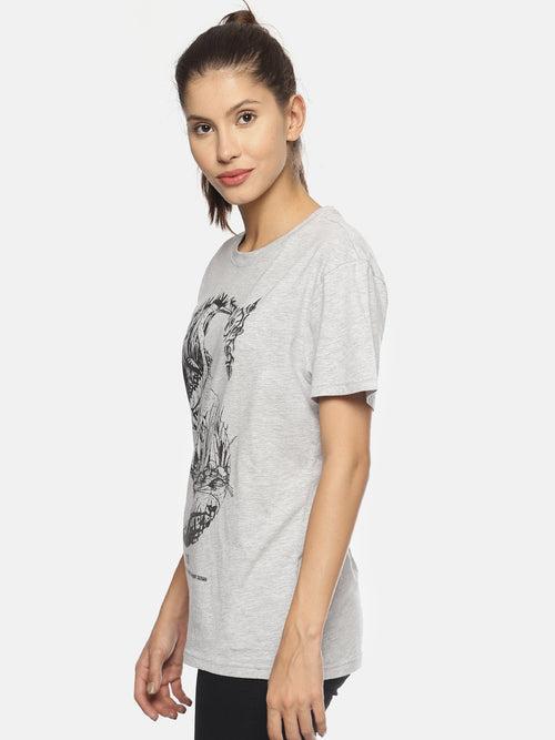 Wolfpack SOS S Heron Grey Melange Printed Women T-Shirt