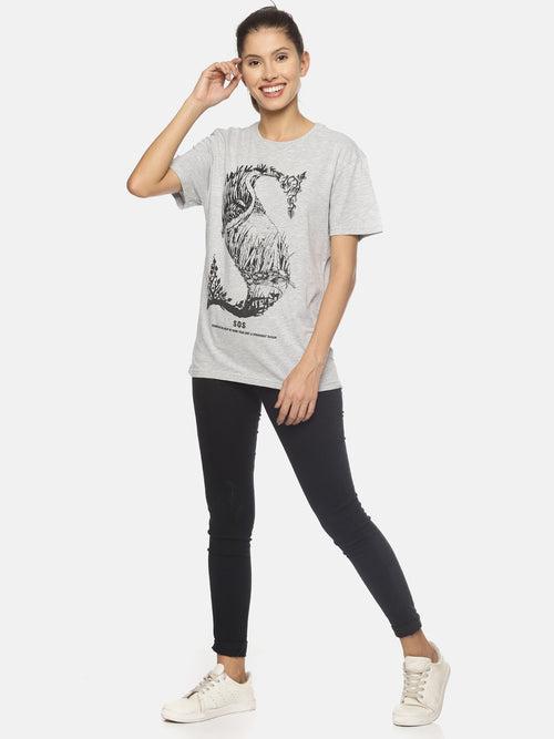 Wolfpack SOS S Heron Grey Melange Printed Women T-Shirt