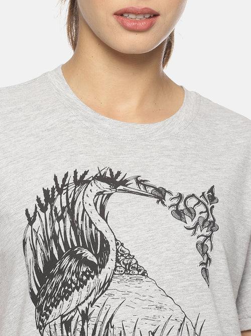 Wolfpack SOS S Heron Grey Melange Printed Women T-Shirt