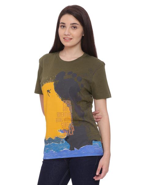 Wolfpack Single Step Army Green Printed Women T-Shirt