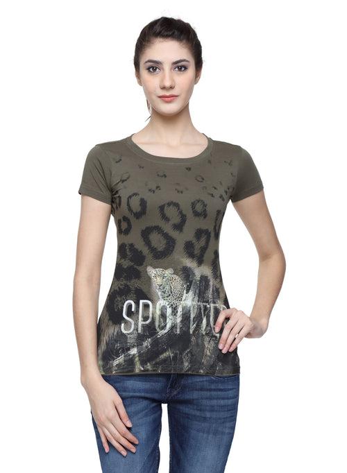 Wolfpack Spotted Army Green Printed Women T-Shirt