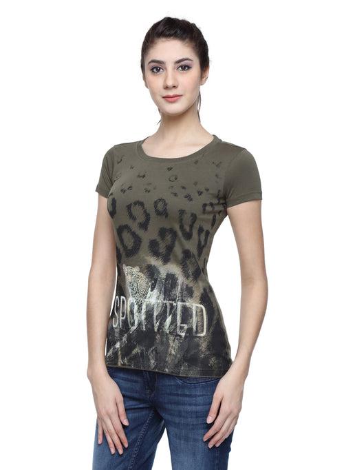 Wolfpack Spotted Army Green Printed Women T-Shirt