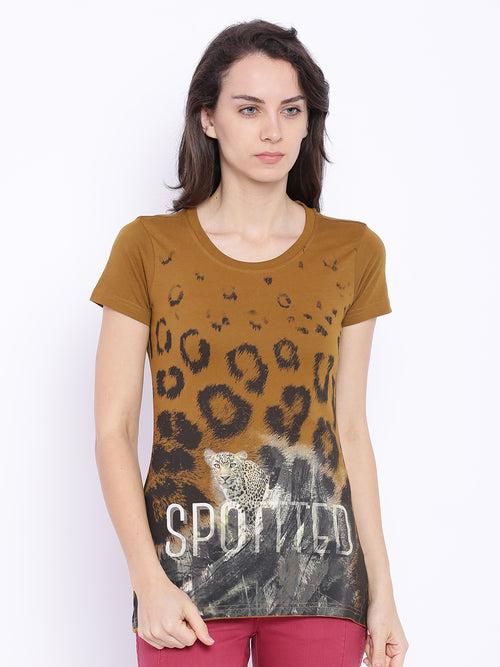 Wolfpack Spotted Greenish Brown Printed Women T-Shirt