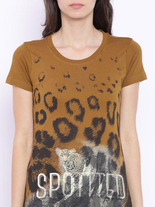 Wolfpack Spotted Greenish Brown Printed Women T-Shirt